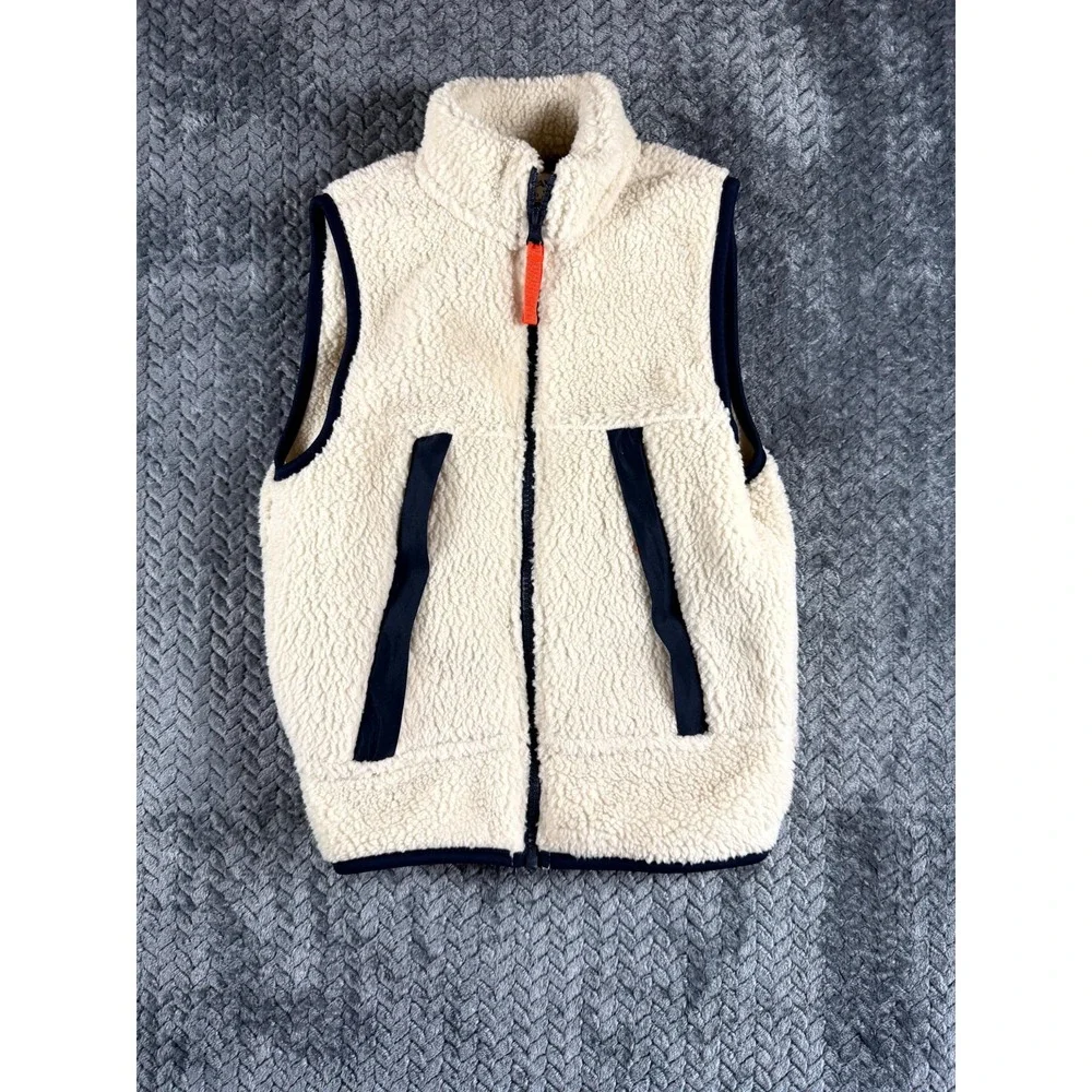 Old Navy Sherpa Vest Boys M (8) Cream‎ Blue Utility Pocket Mock Neck Full Zip